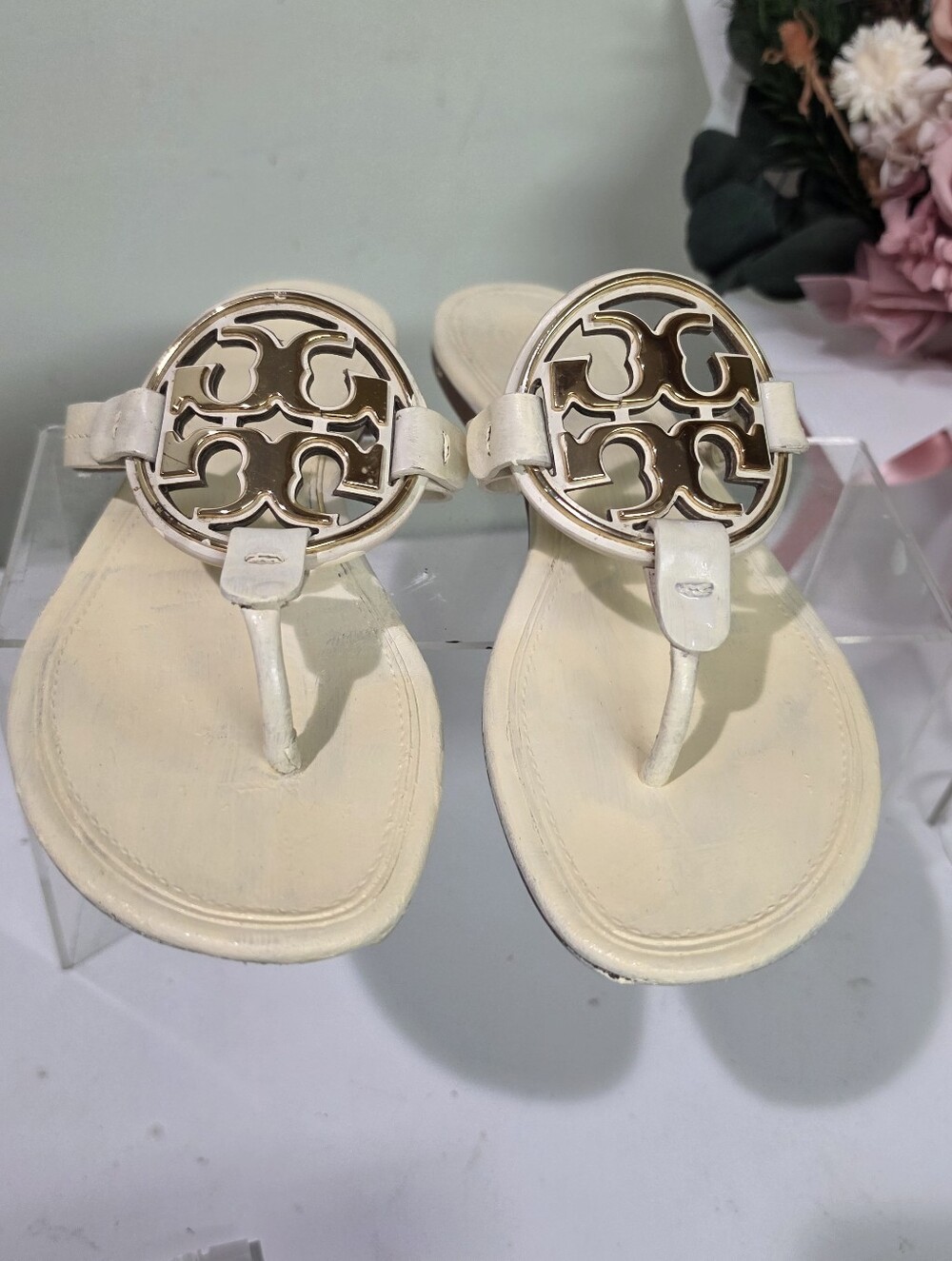 Tory Burch Cream Miller Metal-Logo Thong Sandals *upcycled* Ivory 7 - Picture 3 of 9